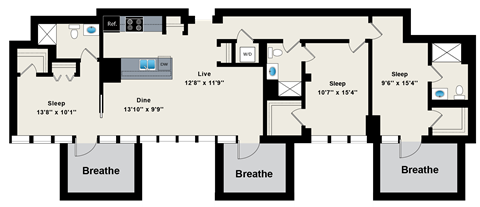 Floor plan for 3 beds, 3 baths, 1435 sqft